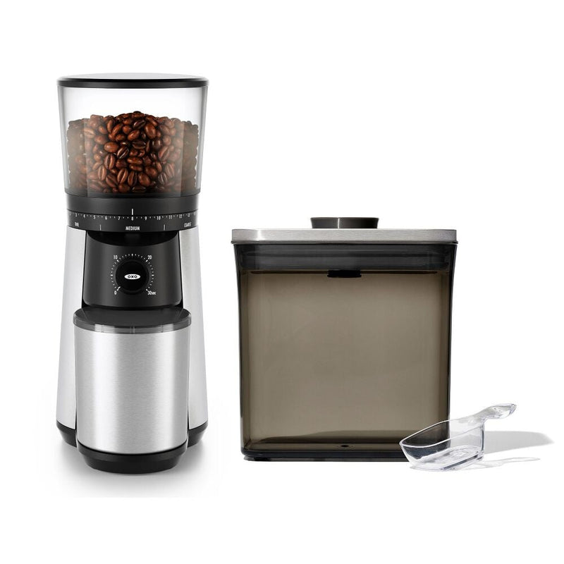 Conical Burr Coffee Grinder & Steel Coffee POP Container (1.7 Qt) with Scoop Bundle Q5