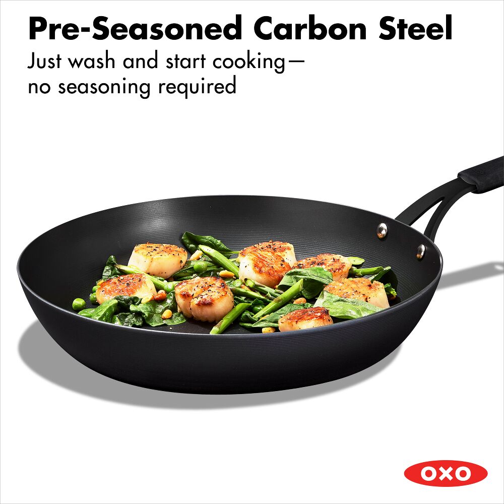 OXO Carbon Steel Obsidian Series 12-Inch Frypan with Silicone Sleeve G1