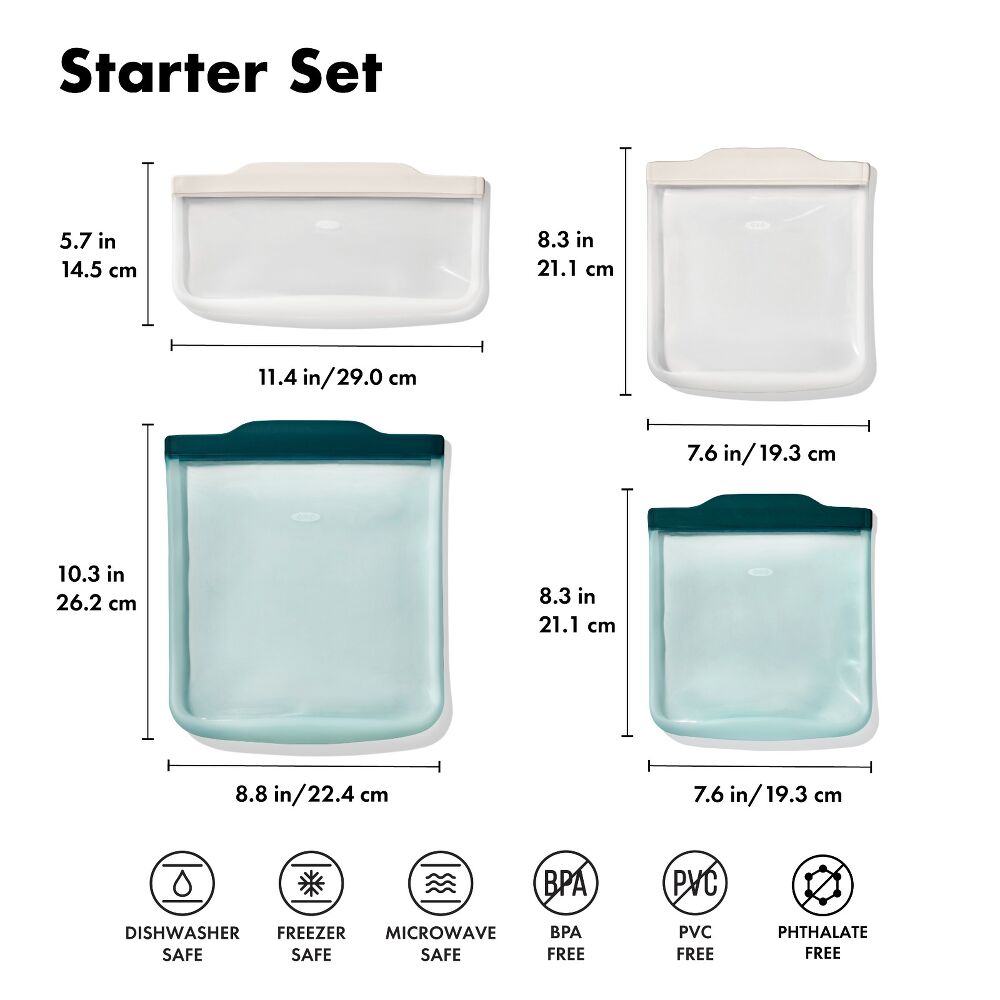 Silicone Reusable Bag - 4 Piece Starter Set - Oat/Lagoon A3